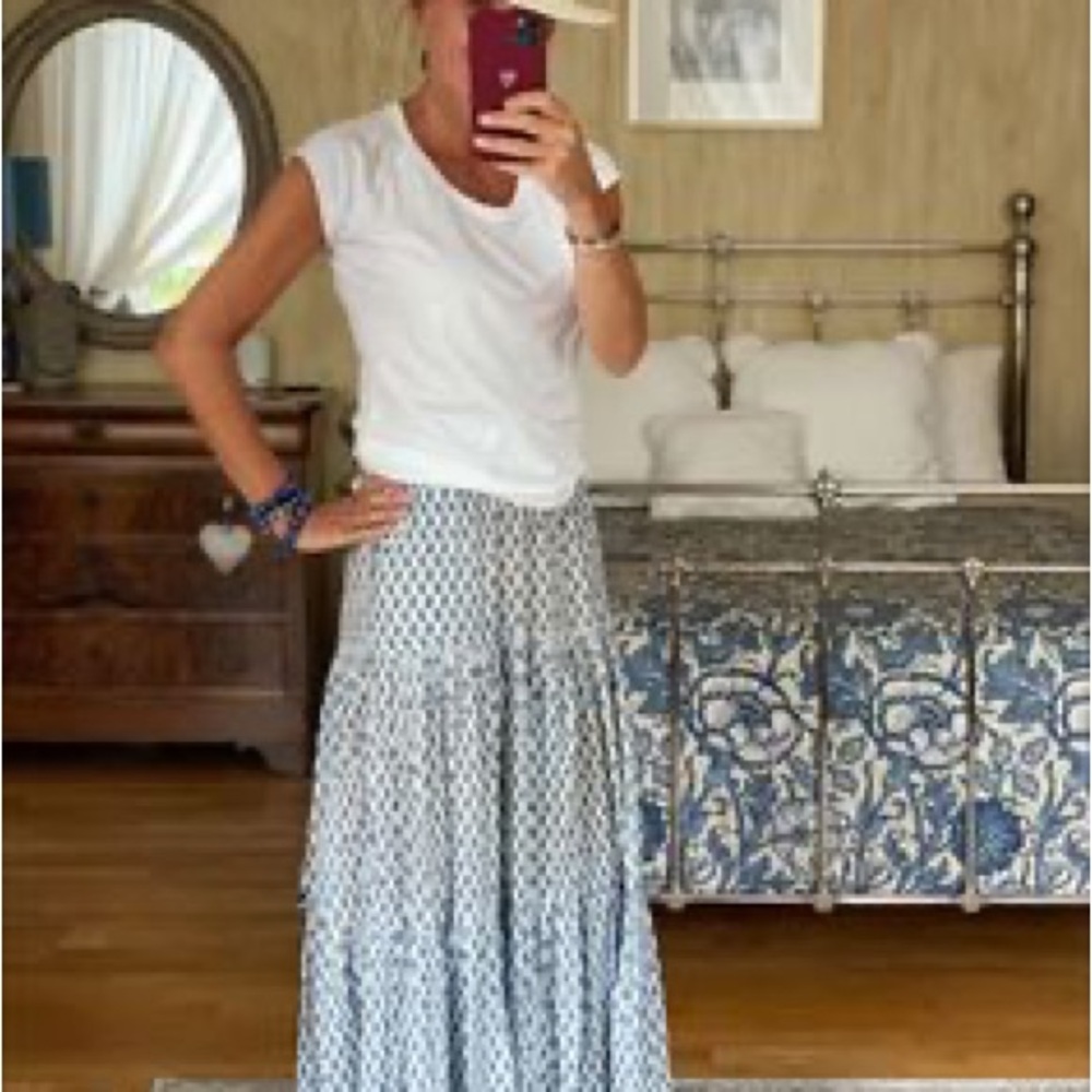 Zara Blue and White Tiered Maxi Skirt